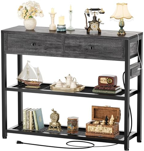 Ecoprsio Table d'entrée avec prises et ports USB, petite table console avec 2 tiroirs, table de canapé avec étagères de rangement pour salon, canapé, couloir, foyer, comptoir de cuisine, 81,3 cm,