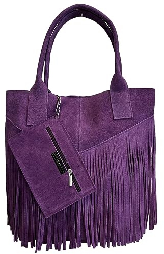 Modarno Borsa shopper da donna in vera pelle scamosciata con frangia più custodia per gioielli dello stesso colore - Borsa a mano - Borsa a spalla