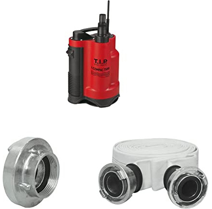 T.I.P. I-Compac 7500 Schmutzwasser-Drainage-Tauchpumpe mit C 52-Storz-Kupplung, 1,5 Zoll - 45,48 mm und T.I.P. Bau- und Industriegewebeschlauch mit 2 C 52-Storz-Kupplungen