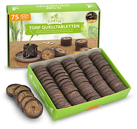 FLORTUS – Torf Quelltabletten aus Sphagnum Torf mit NPK Dünger – 75 Stück (36 mm) Quelltabs biologisch abbaubar – Alternative zu Torfquelltöpfen – torfhaltige Anzuchterde zur Pflanzen Anzucht