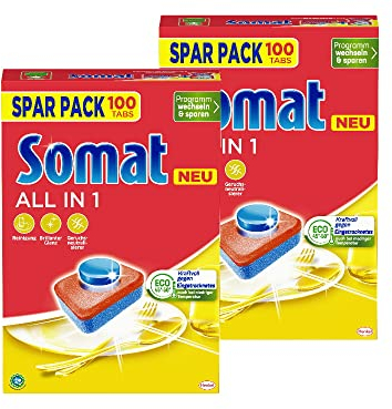 SOMAT All in 1 Extra Spülmaschinen Tabs (2 x 100 Tabs), für strahlend sauberes Geschirr auch im Niedrigtemperatur-, Kurz- & Eco-Programm, entfernt Eingekrustetes und sorgt für brillanten Glanz