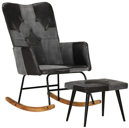 vidaXL Schaukelstuhl mit Hocker Schwingsessel Schwingstuhl Relaxsessel Schaukelsessel Sessel Relaxstuhl Polstersessel Schwarz Echtleder Canvas