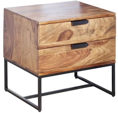 FineBuy Nachttisch 50x40x51 cm Sheesham Massivholz mit 2 Schubladen | Nachtkonsole Industrial mit Metallgestell, Nachtkästchen aus Echtholz, handgefertigtes Unikat