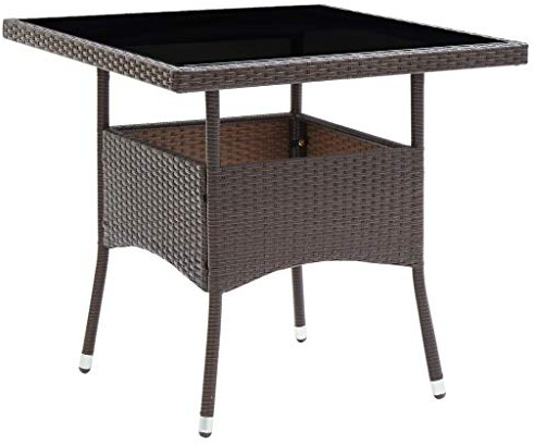 FIRBNUS 80x80x75 cm Garten Esstisch Gartentisch Wetterfest Braun Tisch Balkontisch Tischplatte Beistelltisch Holz Gartenmöbel Esszimmertische Poly Rattan und Gehärtetes Glas