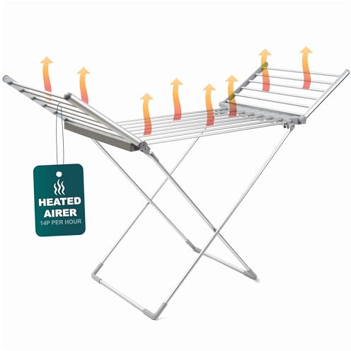 Ourhouse Heated Winged Clothes Airer, Heated Clothes Airer Drying, Indoor Electric Clothes Drier, Portable Laundry Drier, 2 Foldable Wings, Up to 15kg, 20 drying bars, Flat Storage, White (SR20301B)