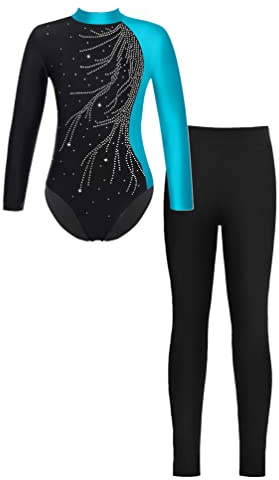 TiaoBug Mädchen Langarm Turnanzug Gymnastikanzug mit Sport Hose Lang 2 Teillig Ballett Anzug Tanz Trikot Ganzkörper Eislaufen Leotard Grün Schwarz B 146-152