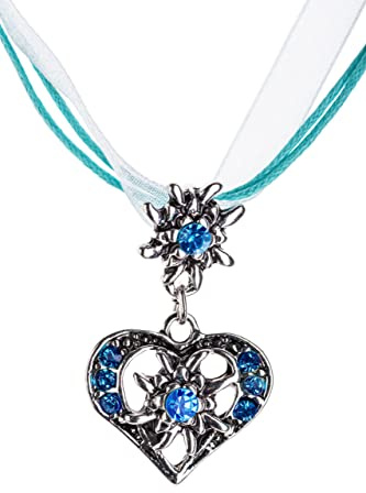 Schöneberger Trachten Couture Collana tradizionale con cuore di prato – elegante cuore con strass e stella alpina in diversi colori – Ciondolo per costume tradizionale Dirndl e pantaloni in pelle da