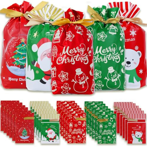 30 Weihnachten Geschenkbeutel Weihnachtstüte Kordelzug Partytüten Geschenktüten Tüten Süßigkeiten Süße Taschen Mitgebsel Beutel Kekstüten Geschenktüte für Kinder Verpacken