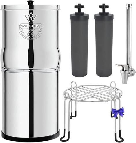 Weeplow Venus - Système de Filtration d'Eau par Gravité 5,6 Litres AISI 304 avec 2 Eléments de Purification O'Pure 2, Robinet avec Niveau d'Eau et Support Inox Offert Argenté