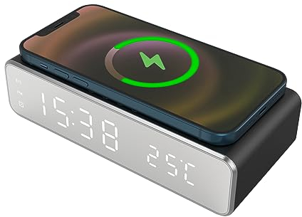 Techmade Digital väckarklocka med trådlös laddning, larmklocka med timer, justerbar LED-display Nattlampa, Laddning för iPhone, Samsung, Huawei och andra (svart)