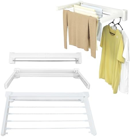 Gloria&Goods Étendoir a Linge Mural - Séchoir Mural Pliable - Étendoir à Linge d'intérieur et d'extérieur - Rétractable Peu encombrante à 5 Barres avec Barre Porte-Serviettes intégrée