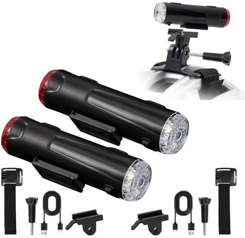 cimsfcor Lot de 2 éclairages pour casque de vélo, double éclairage avant et arrière pour casque de vélo, lampe torche portable rechargeable par USB, 5 niveaux de gradation, avertissement à 360° pour