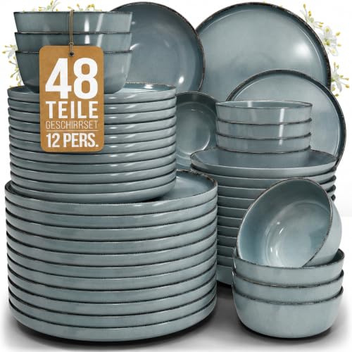 Steingut Geschirrset 12 Personen Rustic 48 tlg. TESTSIEGER, Hochwertiges Landhaussttil Steingut Geschirr Set, Schüssel- und Teller Set, Tafelservice 12 Personen, Geschirrsets Pure Living in Rauchblau