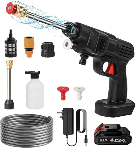 Cordless Pressure Washer, Portable High Pressure Water Gun Battery Pressure Washer Car Wash Spray Gun, with 1/2 Battery, 6-in-1 Nozzle, Tap Connector, Bottle Connector, 5M Hose (A-1 battery)