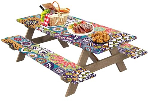 HunicandIU Juego de mesa de picnic con funda para banco, fundas para mesa de picnic con goma elástica, juego de 3 piezas impermeable para camping, mantel de pícnic, equipo de camping para trabajo,