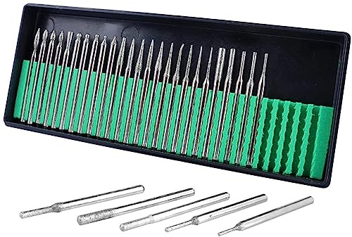 Mesee Set di 30 punte diamantate con fusto da 3 mm, fresa diamantata, fresa in acciaio al tungsteno, perno in metallo duro per vetro gemma, intaglio, foratura, utensili abrasivi, accessori