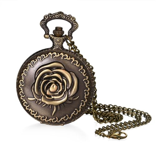 Avaner Taschenuhr mit Kette Vintage: Bronze Taschenuhr mit Arabischen Ziffern Halskette Uhr Pulloverkette Analog Quarzuhr Geschenk für Frauen Männer