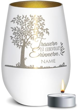 PR Print Royal Trauer Windlicht mit Gravur - Trauern ist liebevolles Erinnern - mit Name gravieren - Trauergeschenk, Gedenklicht, Geschenke für Trauernde | inkl. Teelicht, 450 ml, Weiß/Gold