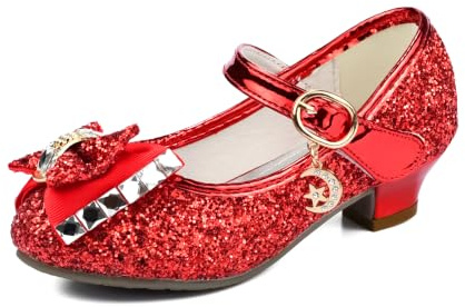 TRIWORIAE-Chaussures de Princesse à Talon pour Filles avec Paillettes Chaussures Reine Chaussures de Déguisement Scintillantes pour Fêtes et Anniversaires Rouge 33