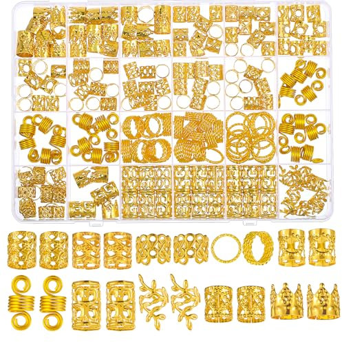 Tyqour 220 Stück Gold Haarschmuck für Zöpfe, Dreadlocks Schmuck Gold Haaranhänger für Frauen, Gold-Haarschmuck für Zöpfe, Zopfschmuck Mit Goldenen Anhängern Metall Haarschmuck Flechten
