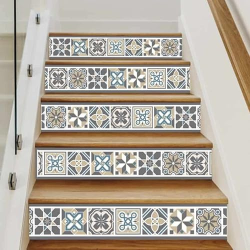 Adzif.biz Le sticker de decoration, Lot de 4 contremarches à Coller, Motifs géométriques Tilesbeige, 4 contremarches escalier 1m, Contremarches décoratives pour escalier