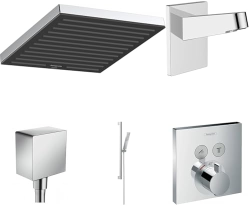 hansgrohe Pulsify E - wassersparendes Duschsystem Unterputz mit ShowerSelect Thermostat, Kopfbrause, Handbrause, Duschschlauch, Duschstange, Duschkopfhalterung und Wandanschluss, Chrom