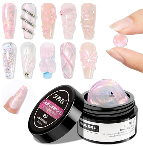 SUPWEE Solid Builder Gel for Nails, Aurora Pink 3D Gel Nail Art 14g | Non-Stick Hand Sculpting Nail Extension Gel for Carving Nail Strengthen Soak Off UV Nail Art Salon Home