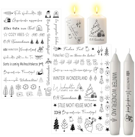 ALLAVA 2 Stück Kerzentattoos Weihnachten, Kerzen Tattoos A4, Wasserschiebefolie Rub on Sticker Weihnachten, Kerzensticker Kerzenfolie für Kerzen oder Keramik Bogen DIY Stickerbogen (Weihnachten A)