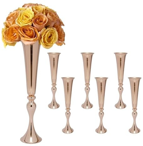 6 stycken trumpetvaser i metall, guldblommande trumpetvas, 56,5 cm hög blomvas, eleganta mittstycken bordsfäste för bröllopsfester jubileum fest ceremoni heminredning
