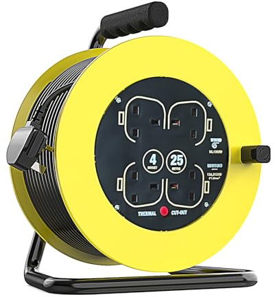 4 Socket Extension Lead Reel,25M, 13A, 240V Electrical Extension Reel, Heavy Duty Outdoor Extension Lead, for Garden Christmas Lights