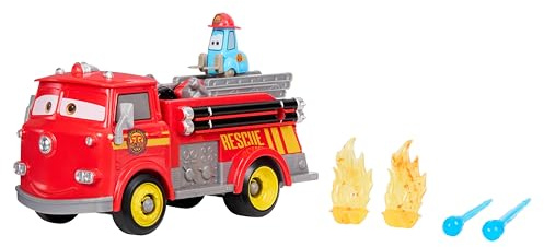 Mattel Disney and Pixar Cars Toy Firetruck, Radiator Springs Race & Rescue Fire Fighting Red & Guido, 2 Plastic Flame Targets & 2 Water Projectiles, JFL54