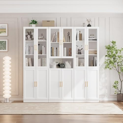 VOWNER 5-Tier Bookcase Glass Doors Drawers Adjustable Shelf ADA | Modern storage display cabinet set for home office and living room, ideal for organizing books, decor and essentials.