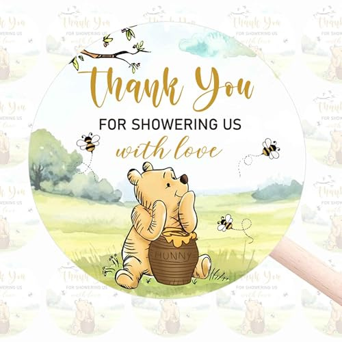 80pcs Thank You for Showering Us with Love Baby Shower Stickers, Winnie Thank You Stickers, Classic Pooh Party Label Set