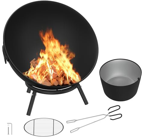XINZI Runde Feuerschale 60 cm aus Stahl tragbare Feuerstelle mit Griff und Zubehör inklusive Holzrost und Zange für Garten Terrasse Camping