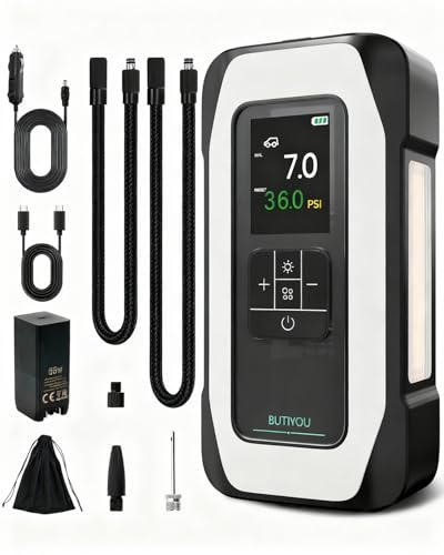 BUTIYOU BY01 Gonfleur Pneus Voiture, Compresseur à Air Portatif sans Fil Double Cylindre 16000mAh 150PSI, Arrêt Auto, Écran Digital, 12V pour Voiture Moto SUV