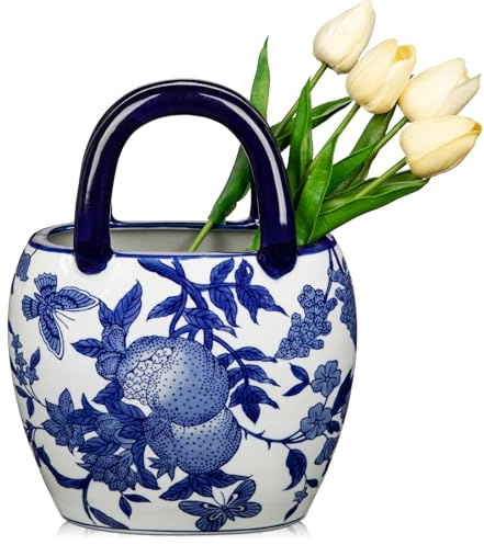 Hollyone 27 cm Keramik Blumenvase, Blau-Weiße Vase für Blumen, Klassische Keramikvasen mit Henkeln für Raumdekoration, Handtaschenvase Deko für Büro, Haus, Tisch, Hochzeitsdekoration