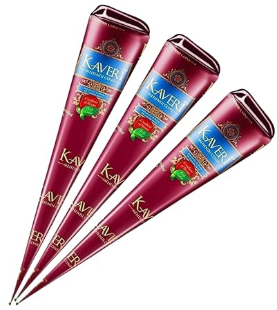 Kaveri Cono Naturale 3 x 25g - Senza PPD & Sostanze Chimiche Lunga Durata | Dermatologicamente Testato Per Decorazioni Creative Facile da Applicare mit Kajal Adesivo