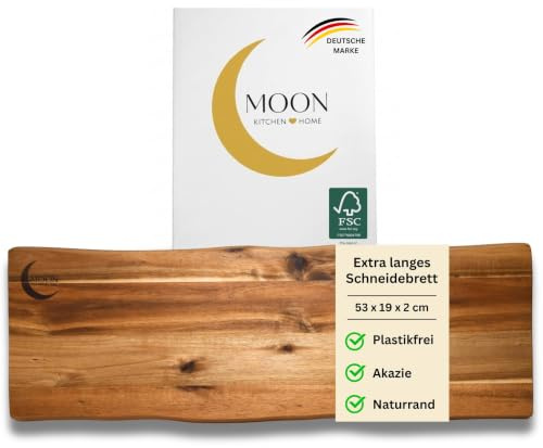 MOON HOME Schneidebrett - Long Mars, hochwertiges Servierbrett aus Akazie/Holz, rustikales Holzbrett ideal zum stilvollen Servieren, natürlich antibakteriell & hygienisch, 53 x 19 x 2 cm
