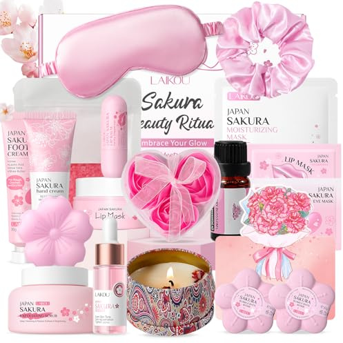 LAIKOU Sakura Bath & Body Care Set, 18Pcs Unique Self Care Package