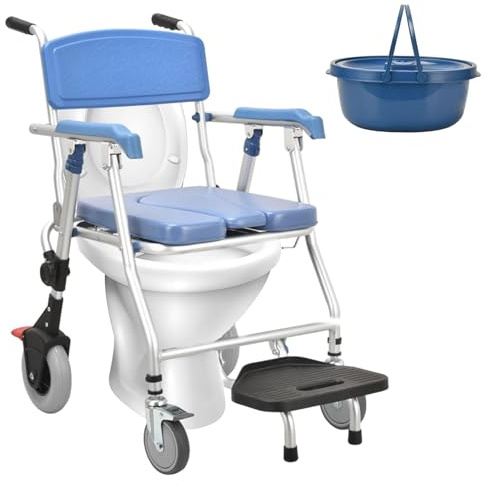 ZHNANDAMAI Duschrollstuhl - Faltbarer Dusch Toilettenrollstuhl, Toilettenstuhl für Senioren mit Rollen, Blau Dusch Toilettenstuhl Fahrbar mit Urineimer, Tragfähigkeit 120kg für Patienten Behinderte