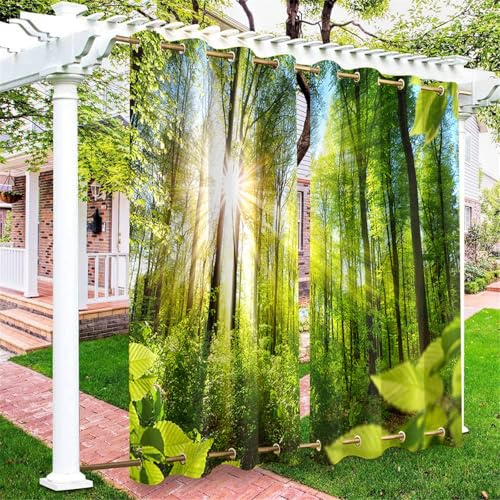 Hiseng Outdoor Vorhang Wetterfest mit Ösen Oben und Unten, 2 Stück Outdoorvorhänge Blickdicht Verdunkelungsvorhang Sichtschutz Sonnenschutz Vorhang für Veranda Pergola, 3D Wald (Sonnenlicht,137x203cm)