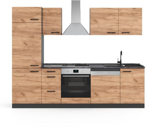 Vicco Küchenzeile Optima, Goldkraft Eiche/Anthrazit, 270 cm | ohne Arbeitsplatte, mit Hochschrank, zur individuellen Anordnung und Erweiterung geeignet