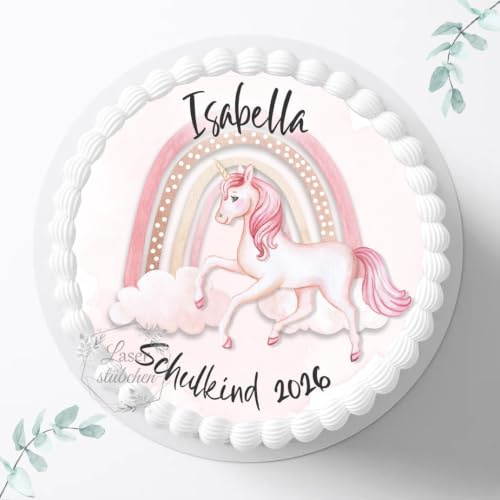 Tortenaufleger Einhorn zur Einschulung mit Wunschname personalisierbar, ⌀20cm Zuckerbild, Deko für Kuchen, Foto für Torten, Fondant S0016