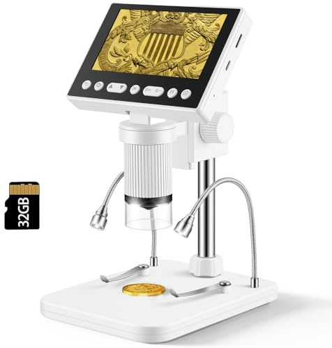 eSynic IPS 4.5 Microscopio Digitale Ricaricabile, Ingrandimento 5X-1000X, 8 LED Regolabile + 2 Fari a Tubo Flessibile, USB Microscopio con 32GB di Memoria, Fotocamera 1080P, Compatibile Windows/MacOS