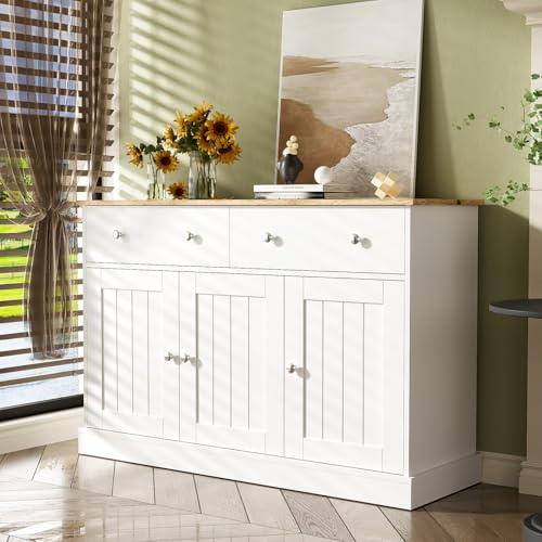 OLIVIBED Sideboard mit Silbernen Griffen, Küchenschrank mit 2 Schubladen und 3 Türen, Landhausstil Kommode mit 2 Schubladen, Anrichte für Wohnzimmer, Esszimmer, Weiß und Holzfarbe, 120x36x80.5 cm