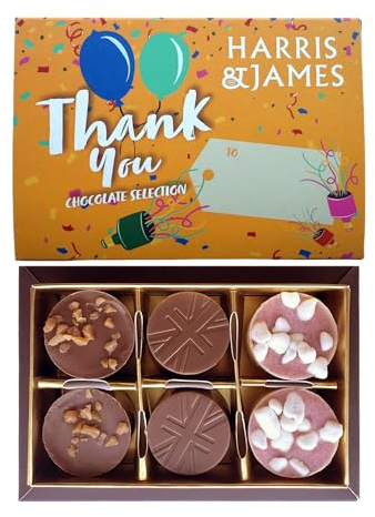 HARRIS & JAMES - Thank You Gift Box (6 Pack) Filled With Milk and White Chocolate Truffles. Handcrafted Chocolate In Three Flavours Eton Mess, Salted Caramel & Biscuit Royal.