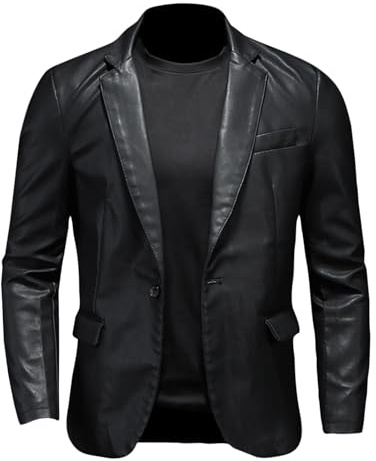 Blazer Hombre Otoño e Invierno Casual Chaqueta Cuero Hombre de Manga Larga con Bolsillos Color Sólido Corte Regular Cuello Solapa Americana de Piel Sintético con Botone Ligeras Abrigo Talla Grande