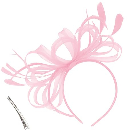 Rosa Fascinator för Kvinnor med Fjädrar och Blommor, Håraccessoar med Klämma och Hårband för Bröllop, Trädgårdsfester & Loppdagar