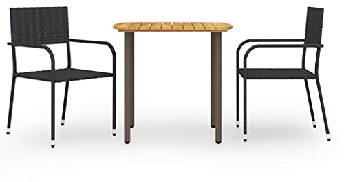 QJBSAVVA 3-TLG. Garten-Essgruppe Schwarz aus Akazienholz & Poly Rattan 80x80 cm platzsparend stapelbare Stühle Balkonmöbel Outdoor Essgruppe Sitzgruppe für kleine Balkone Terrassenmöbel