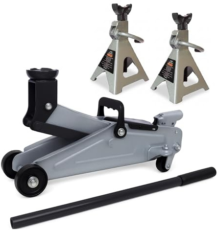 Maryse Cric Idraulico a Carrello 2,5 Ton + 2 Cavalletti di Supporto – Kit Sollevamento Auto Professionale in Acciaio Rinforzato – Valvola di Sicurezza, Altezza 120–330 mm, Certificato CE TÜV GS